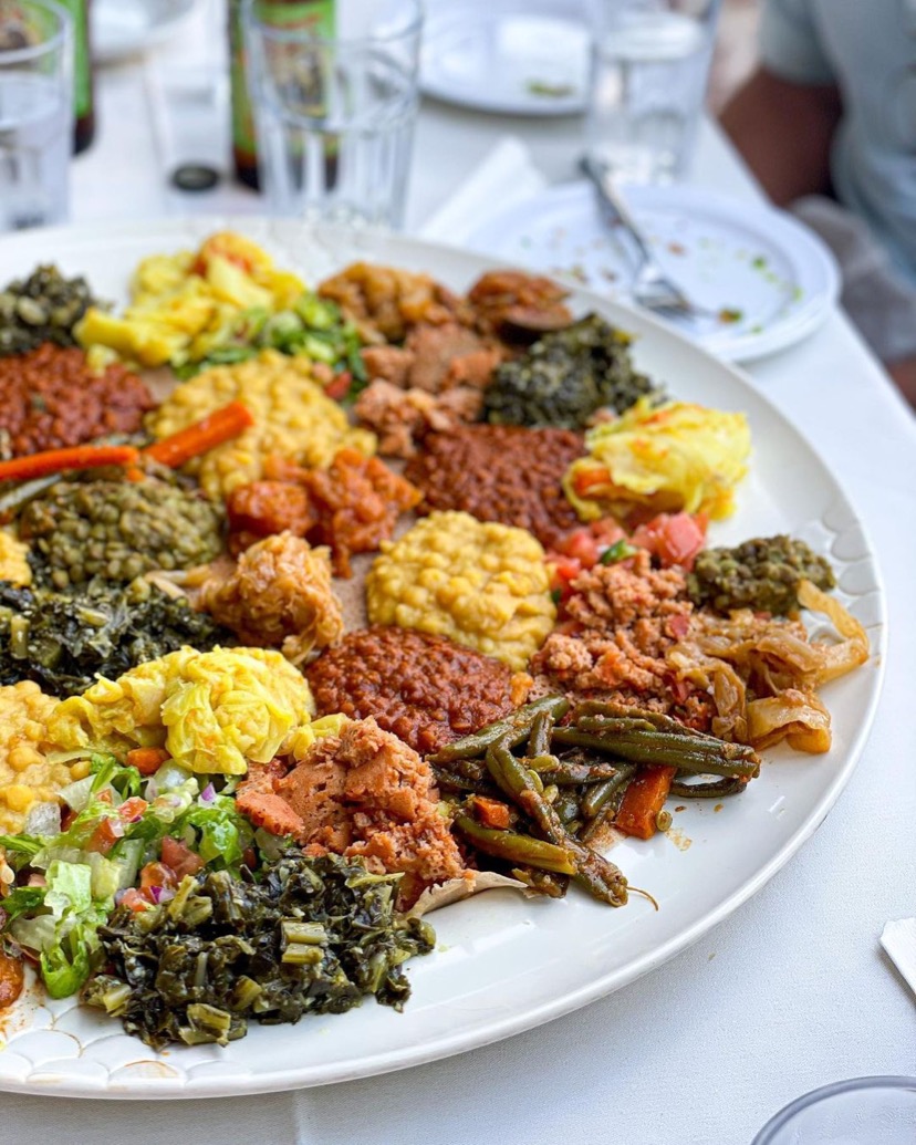 Rahel Vegan Ethiopian Cuisine tray full of Ethiopian dishes