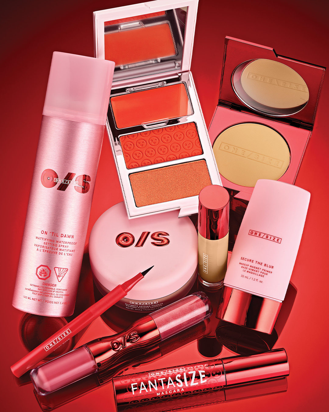 One/Size products with red back drop