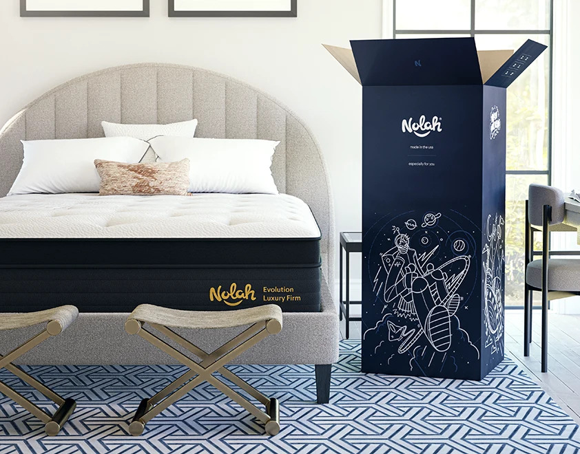 Nolan Mattress on bed with box next to it