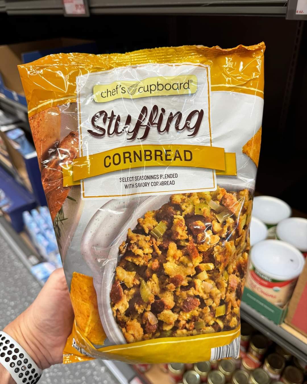 Person holding Chef’s Cupboard by Aldi vegan stuffing