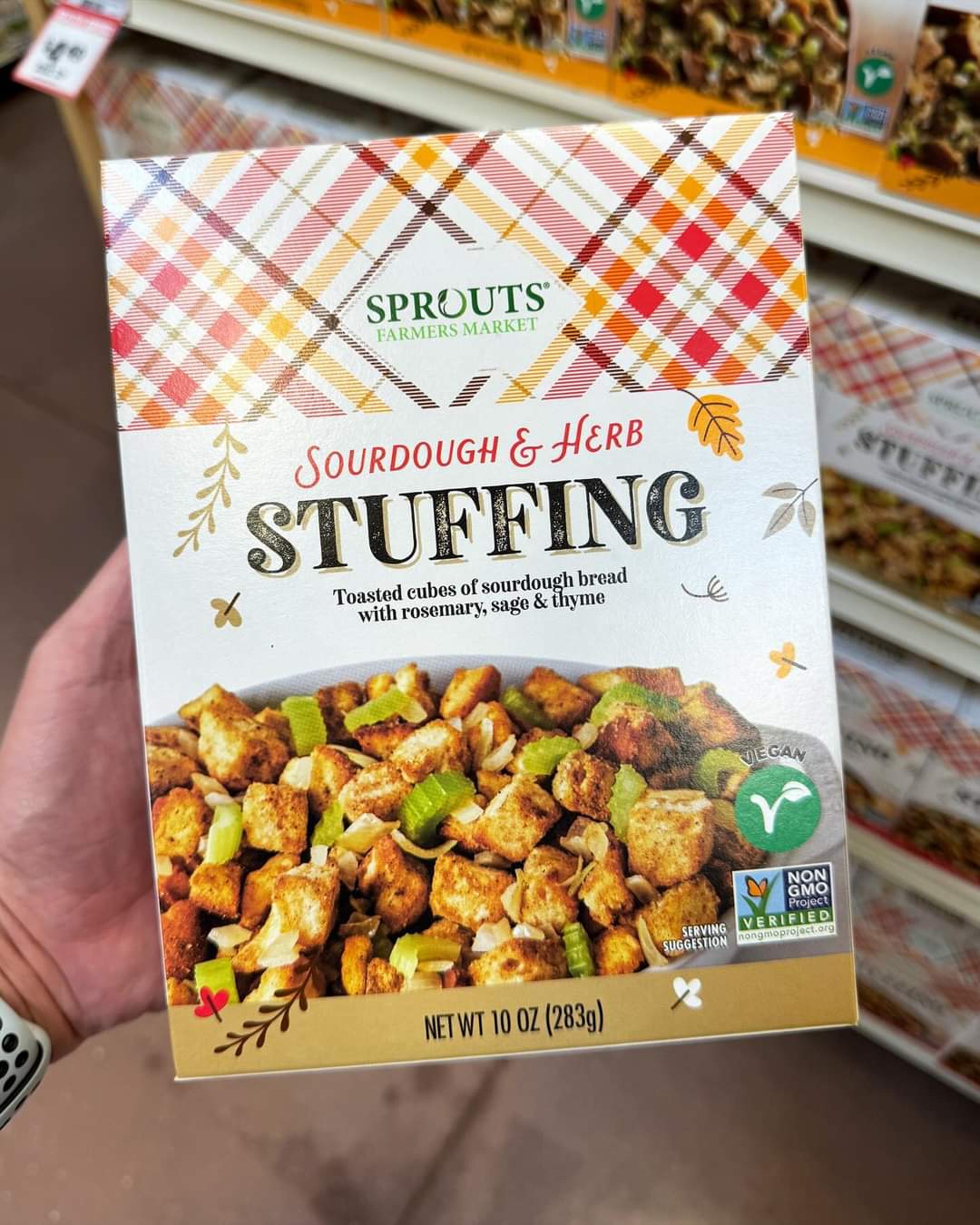 Person holding Sprouts Farmers Market vegan stuffing