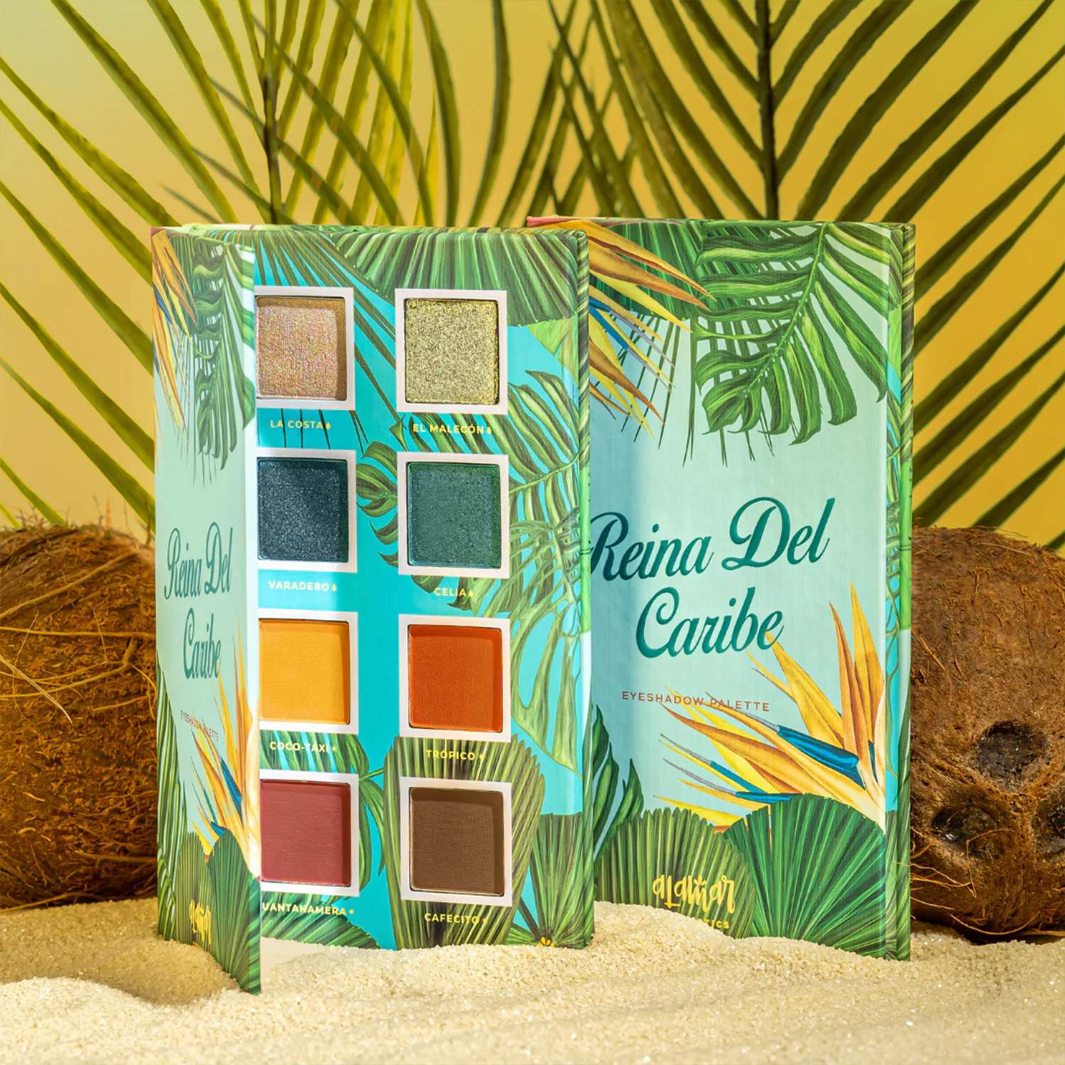 Alamar Cosmetics palette with tropical background and coconuts 