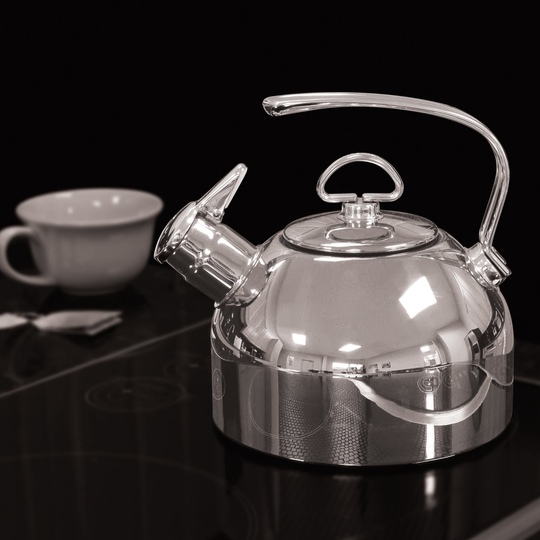 Chantal tea kettle on stove with teacup