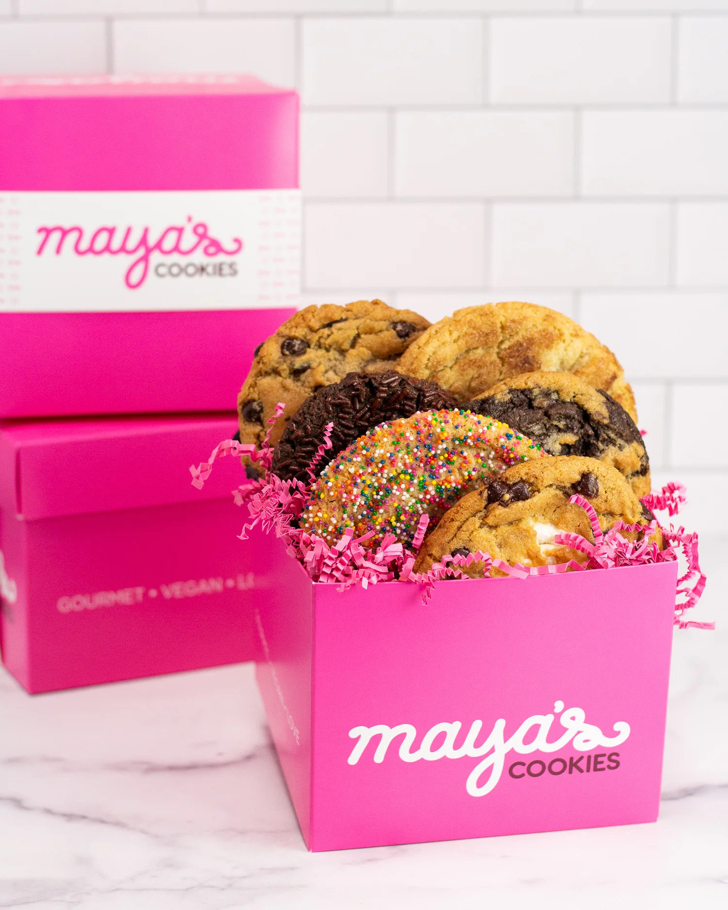 Maya's Cookies in box on counter