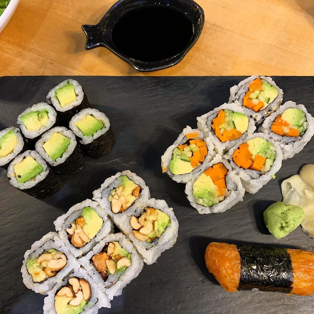 Tray full of vegan sushi rolls from Rio