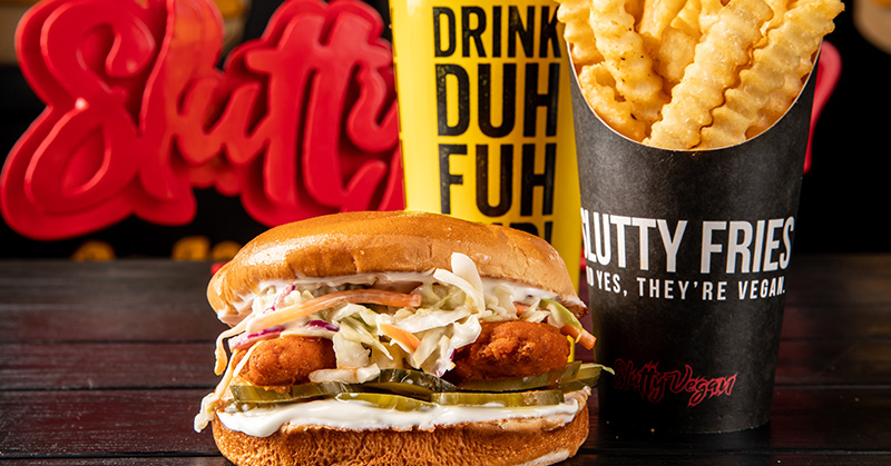 Slutty Vegan Chik'N Sandwich, fries, and drink