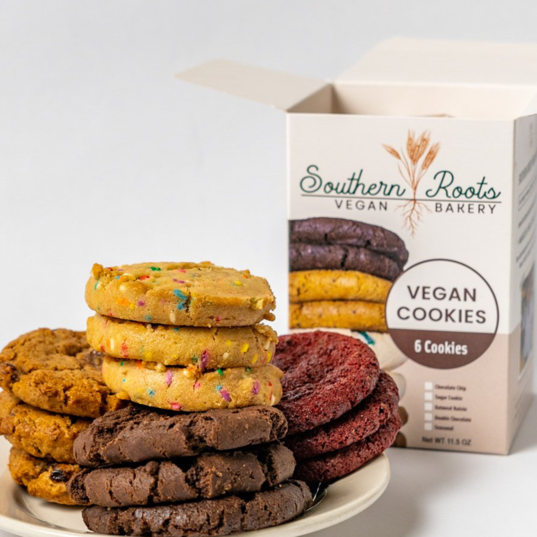 Southern Roots Vegan Bakery cookies on plate with box in background