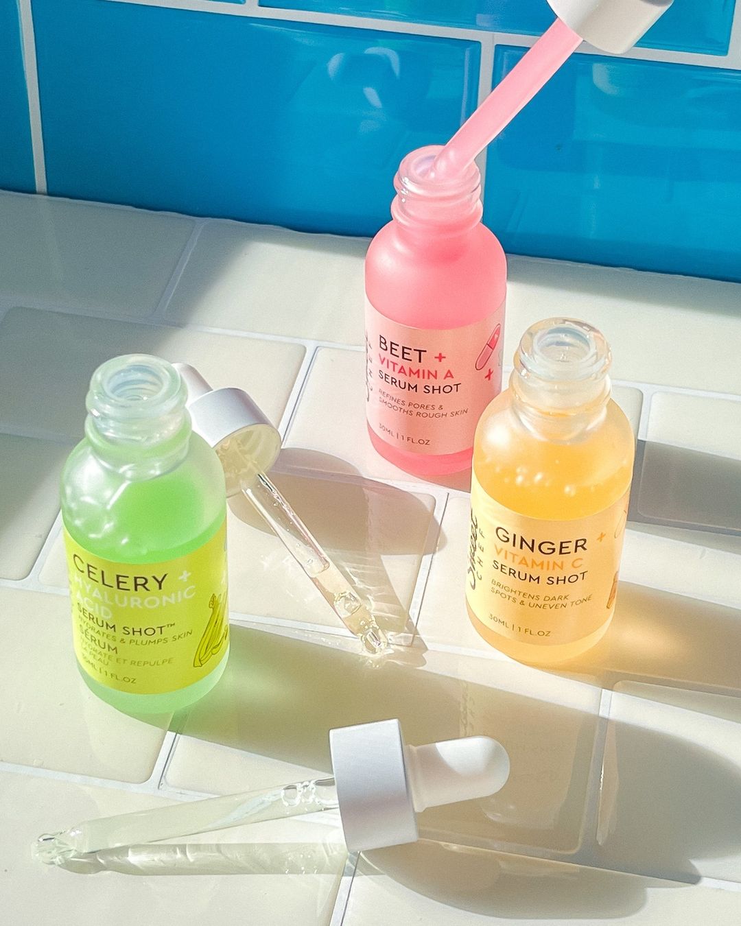 Sweet Chef serums on bathroom counter