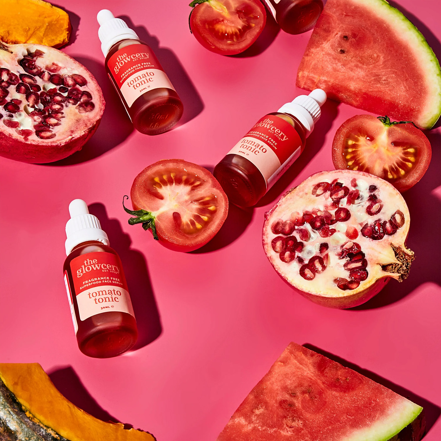 The Glowcery Shop products with pomegranate and watermelon