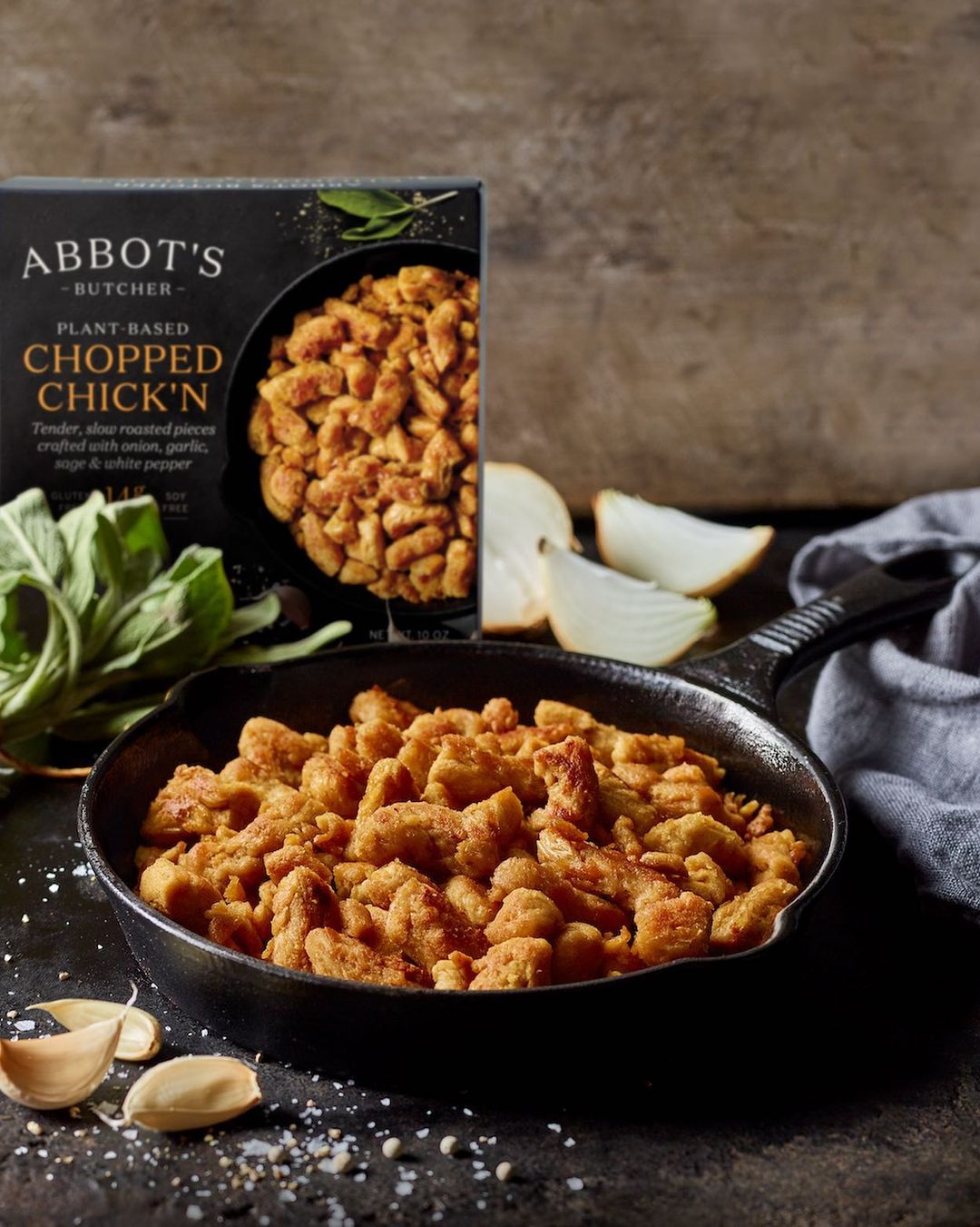 Package of Abbot's Butcher with plant-based meat in skillet 