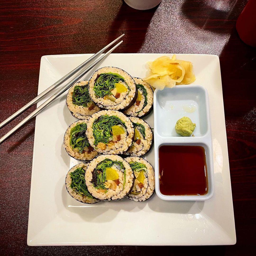 Amitabul vegan sushi with sauces on plate