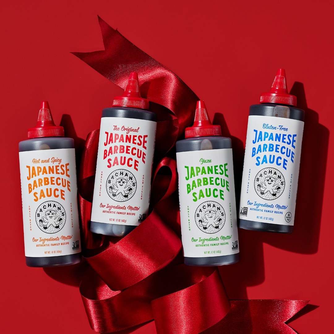 Bachan's sauces with red ribbon around them