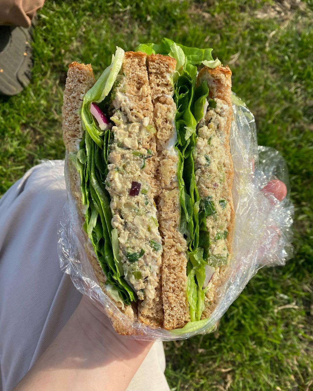 Brighter Day tofu sandwich in hand