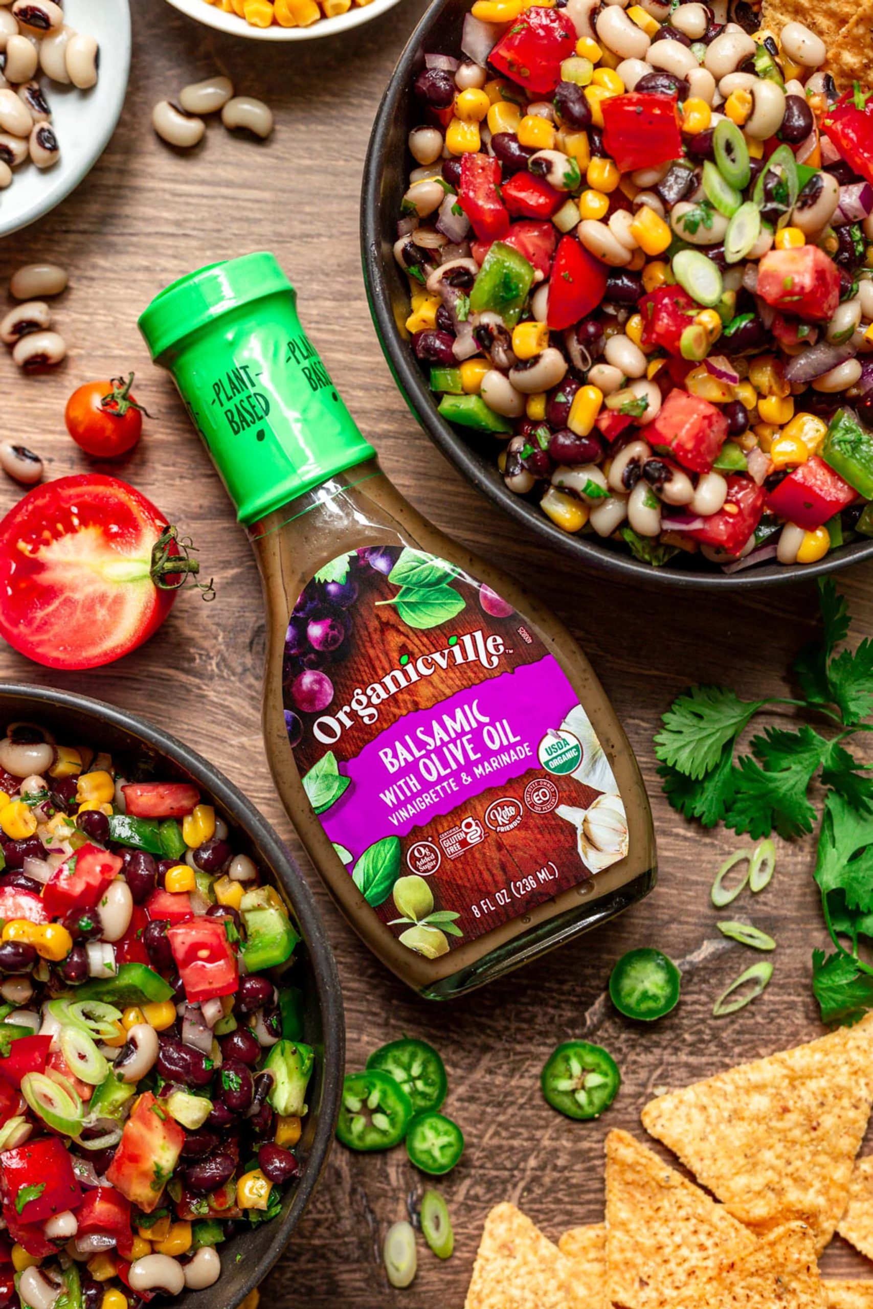 Organicville dressing with cowboy caviar in bowls