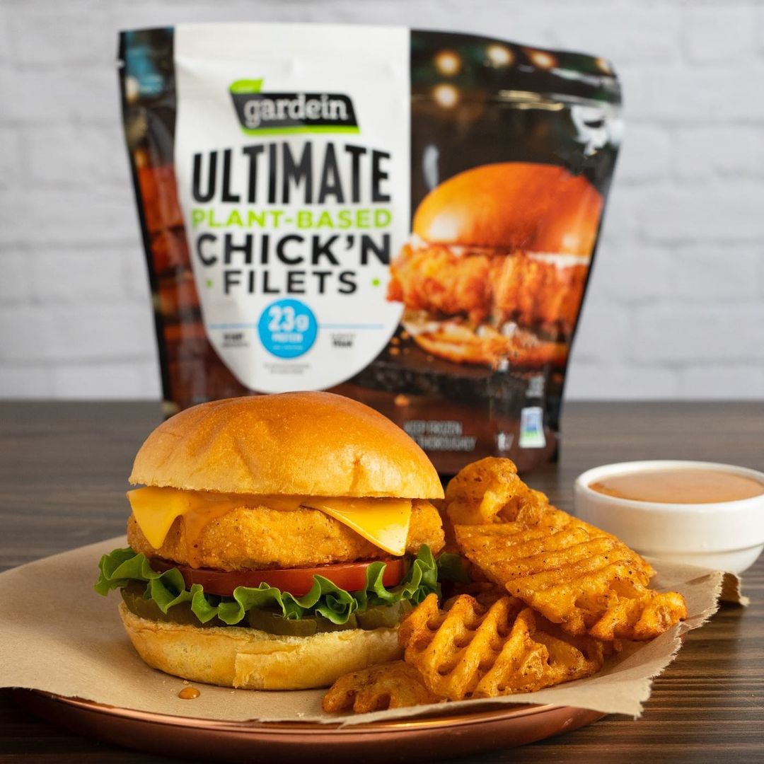 Chick'n Sandwich with fries and packaging of Gardein in the background