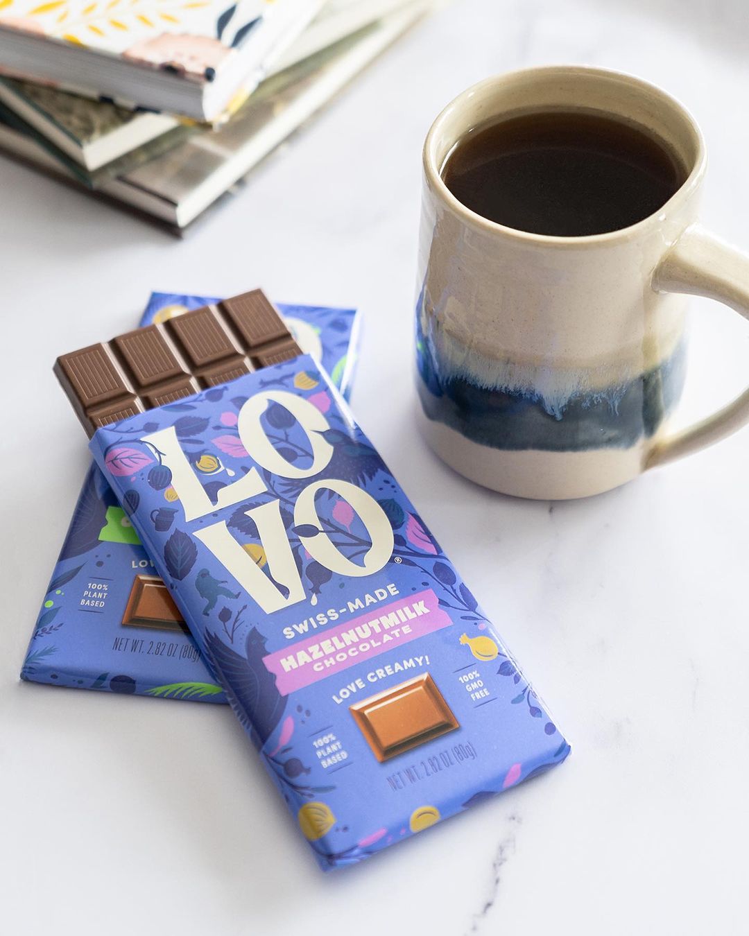 LOVO chocolate bar with coffee on desk