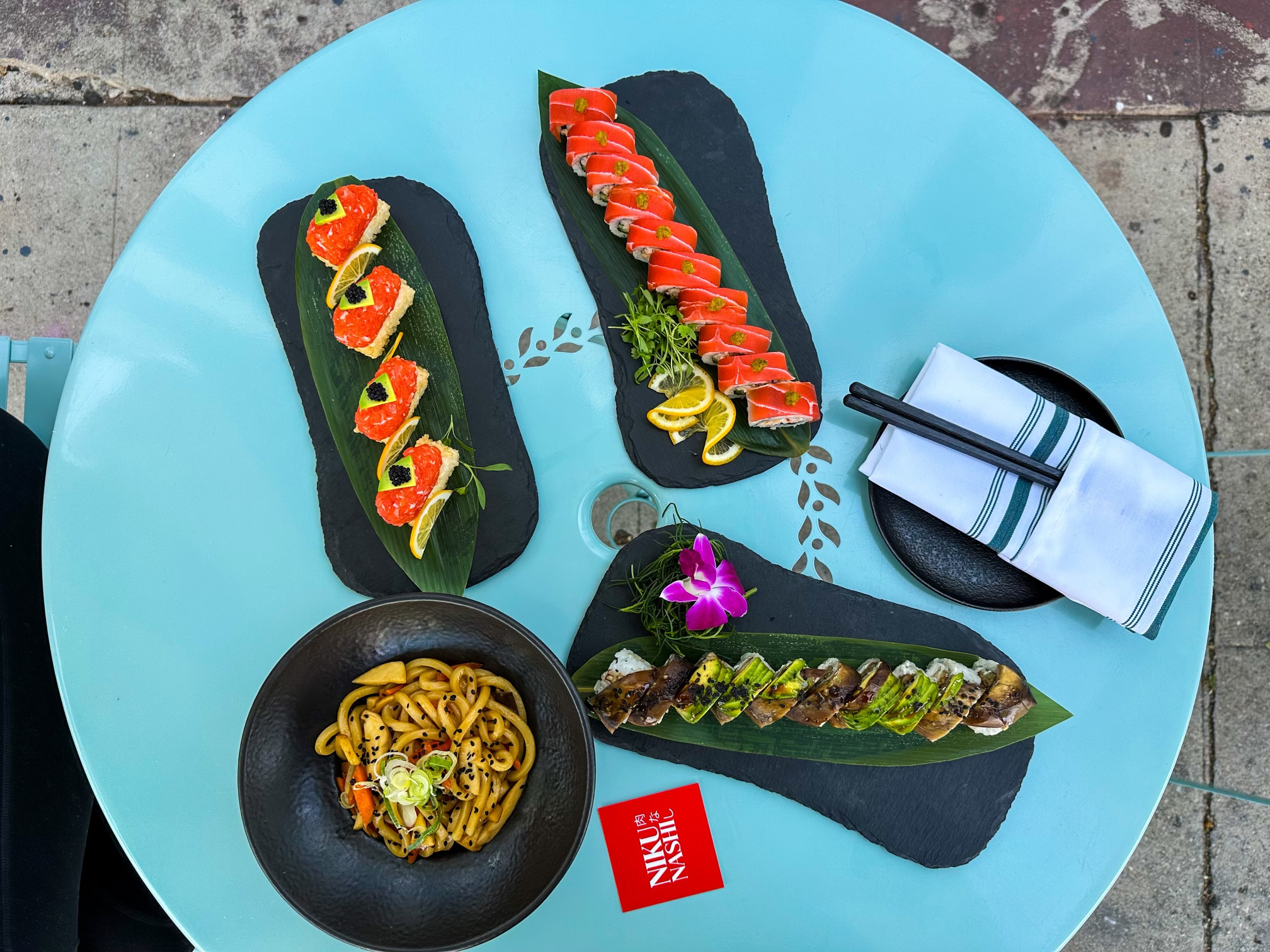 Multiple vegan sushi options from Niku Nashi Sushi