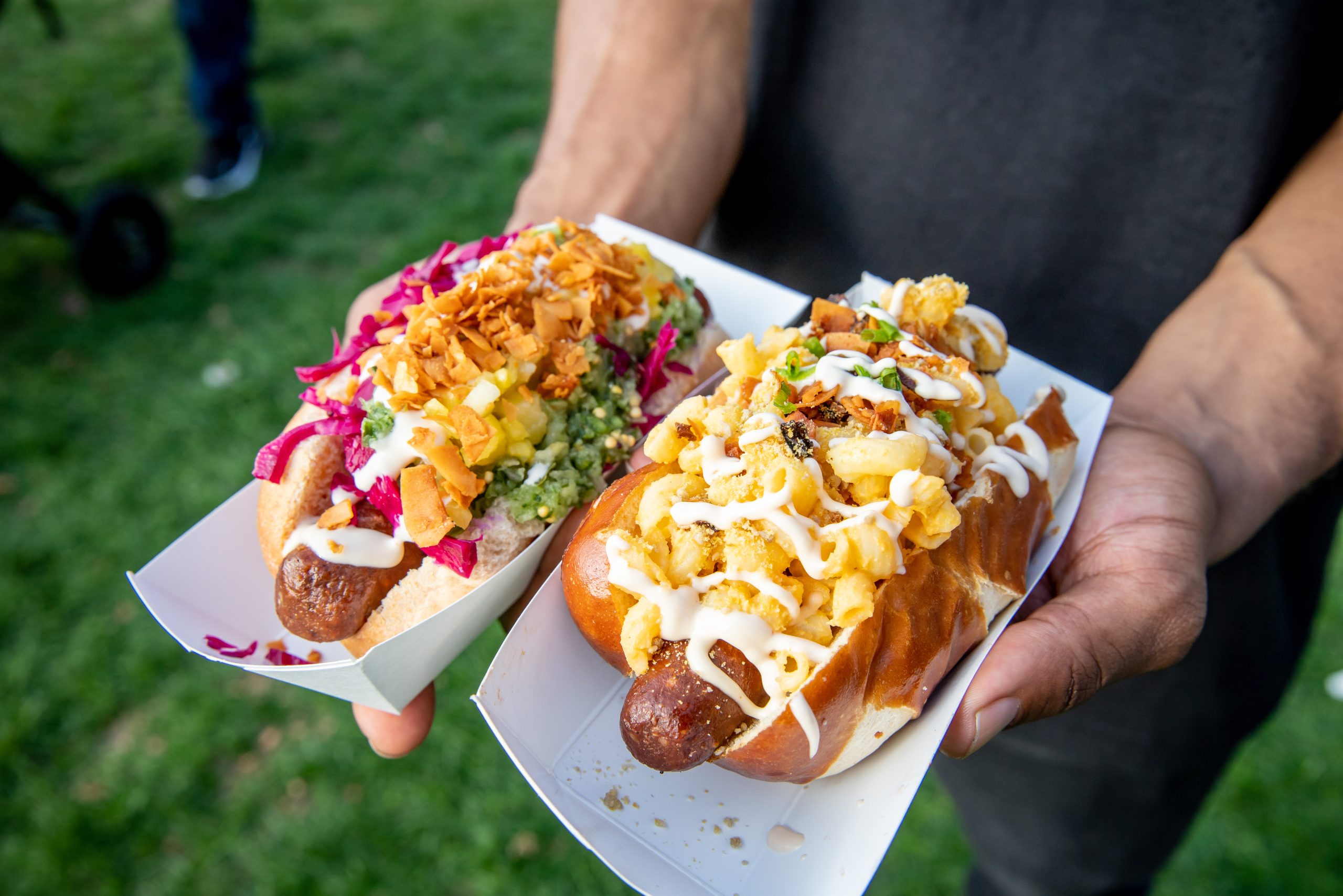 Person holding vegan hot dogs from Vegandale