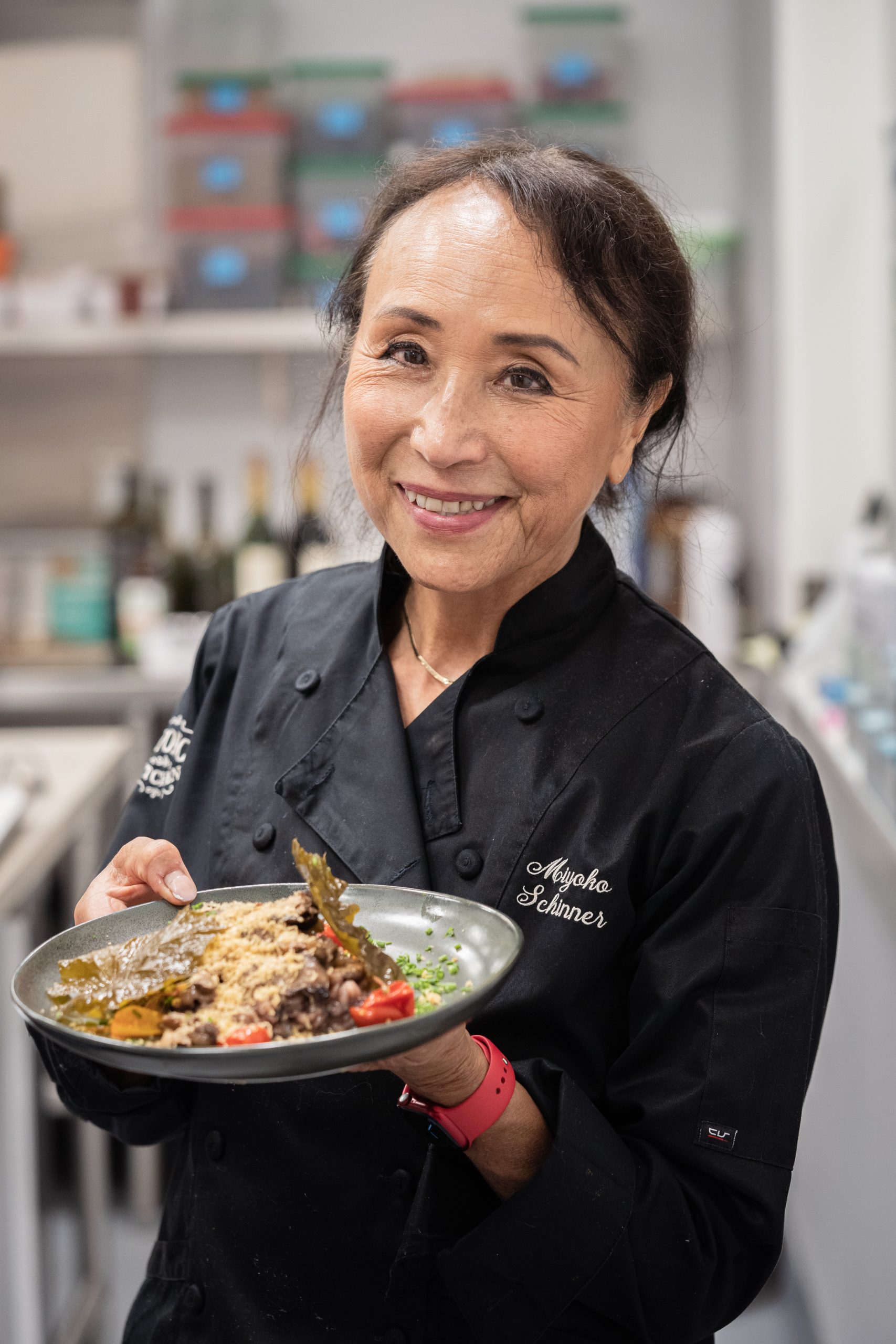 Chef Miyoko Schinner with vegan dish