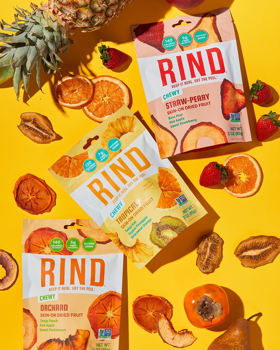 Rind dried fruit bags with dried fruit surrounding them