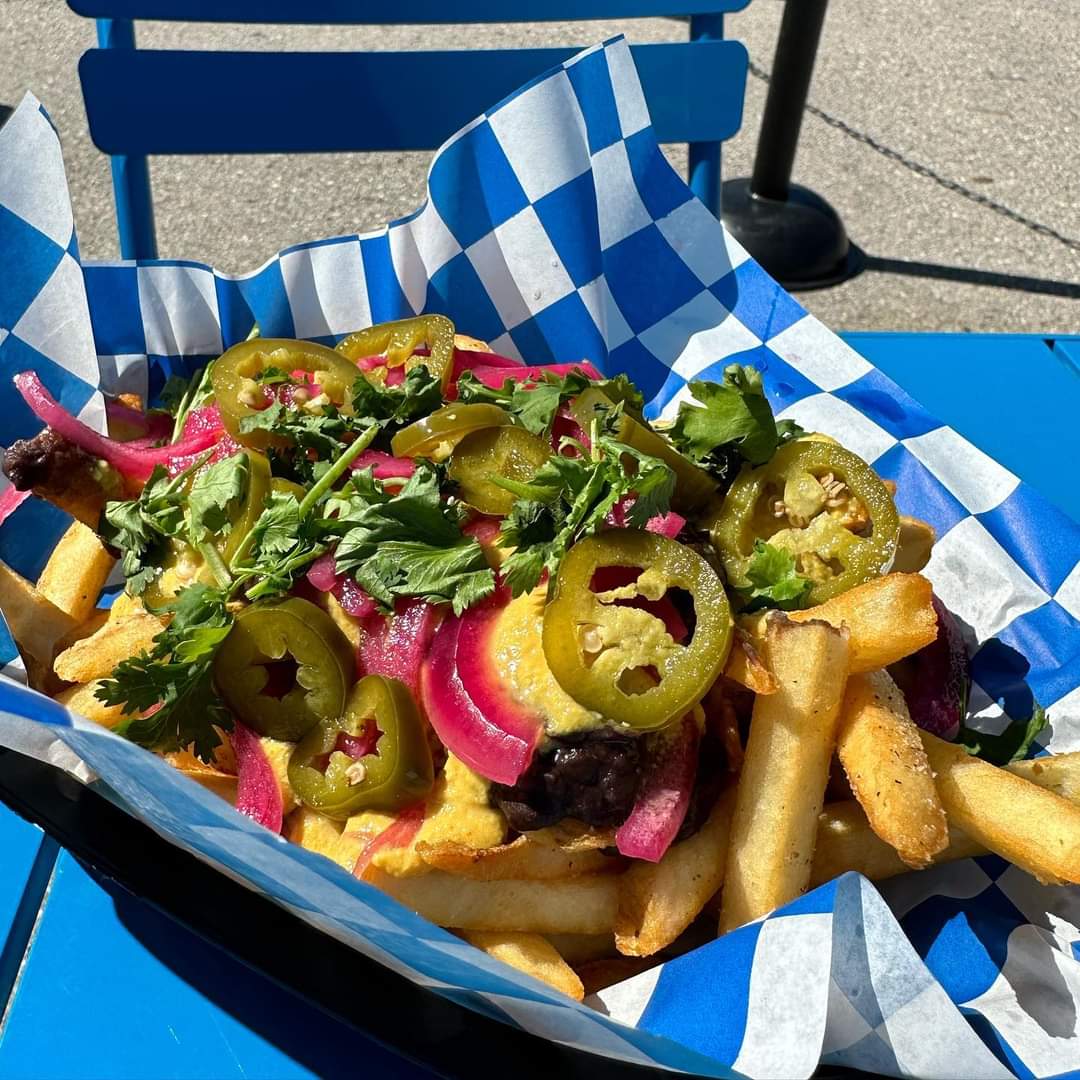 Stone Hound Brewing Company vegan loaded fries in basket
