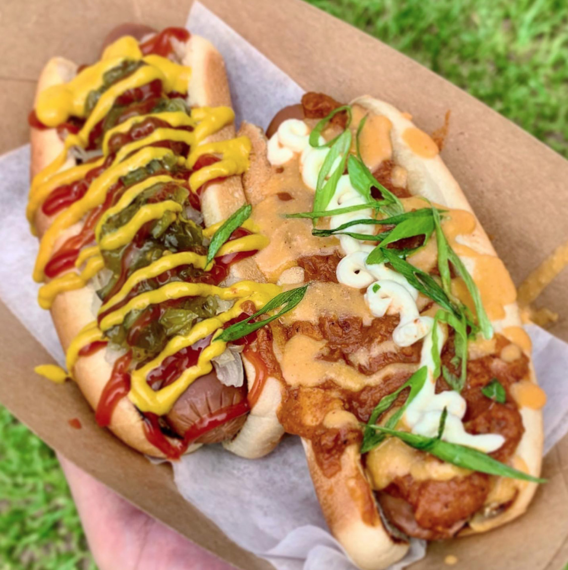 Person holding vegan hot dogs 