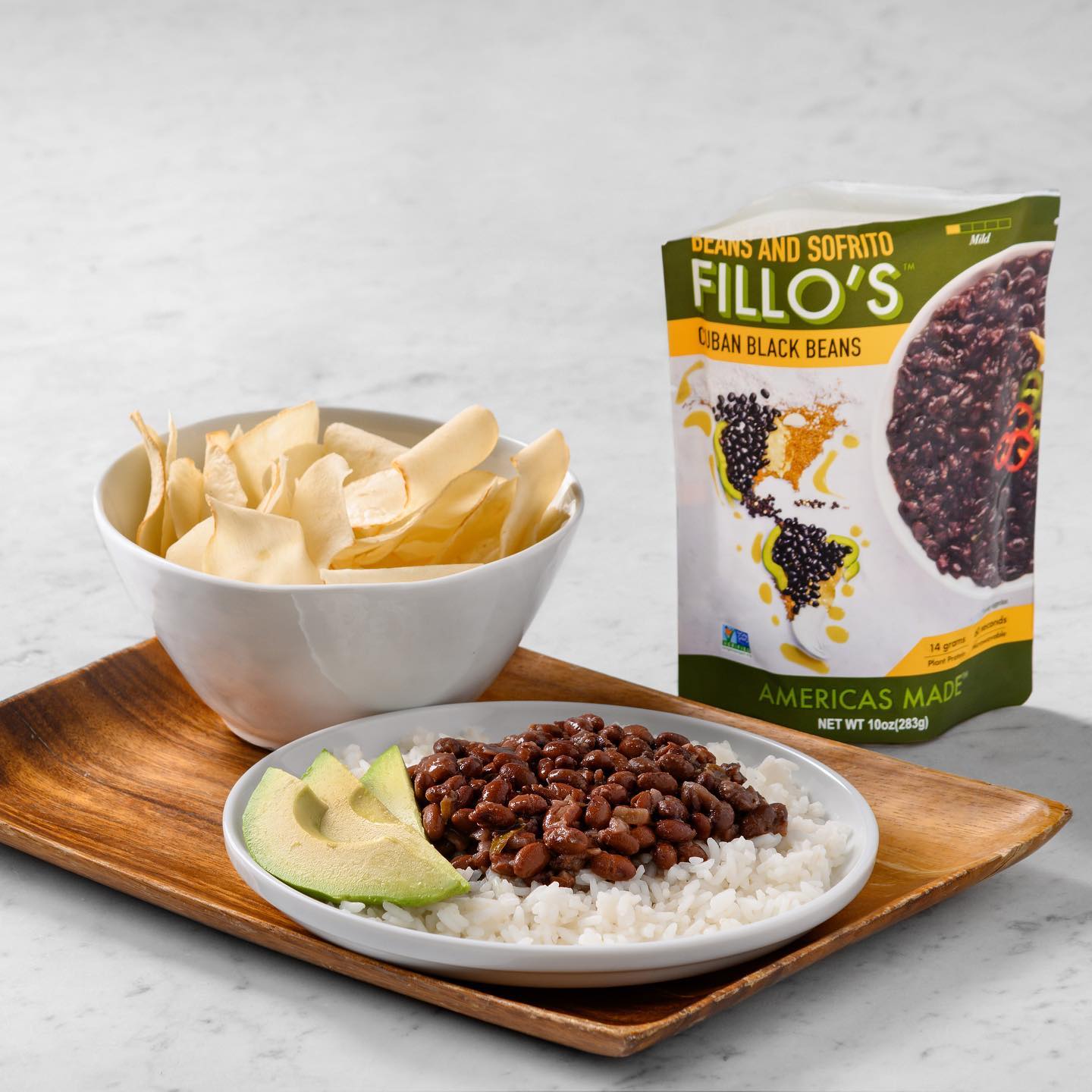 Fillo's beans with chips rice and avocado