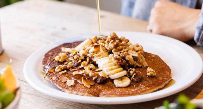 Vegan pancakes from Harlow on table