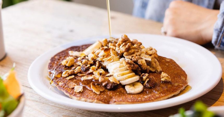 Vegan pancakes from Harlow on table