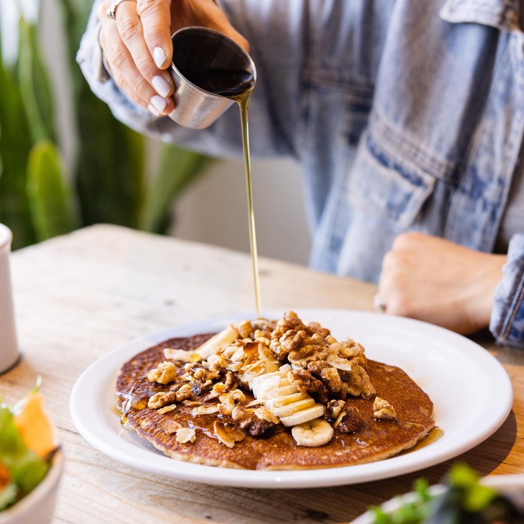 Vegan pancakes from Harlow on table