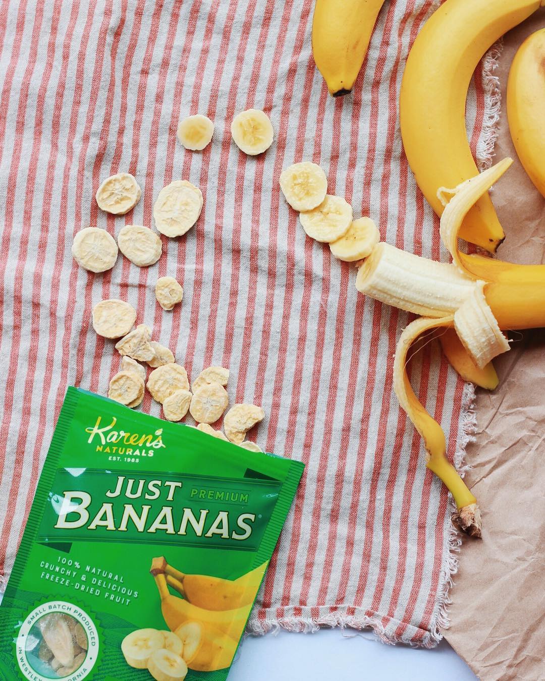 Karen's Naturals dried and fresh banana on blanket
