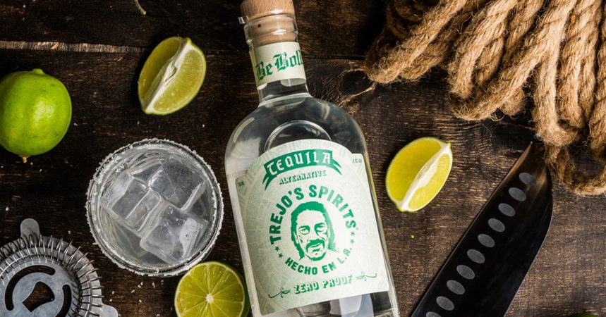 Trejo's Spirits Tequila with lime, knife, and drink