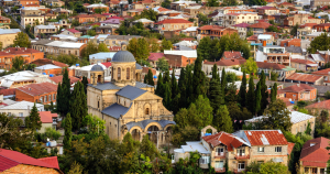 A scenic view of Kutaisi in western Georgia, a city renowned for its vibrant markets and vegetarian-friendly fare