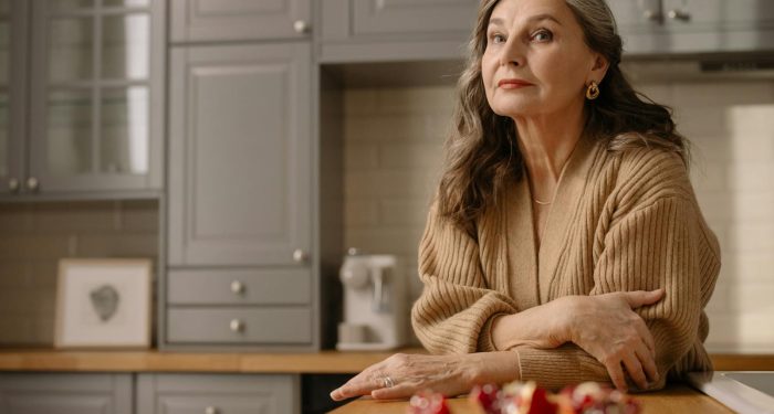 Mature woman in knitted sweater looking thoughtful