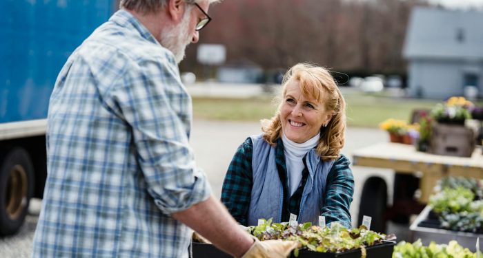 Smiling elderly couple in a garden exchanging seedling trays with vibrant plants.