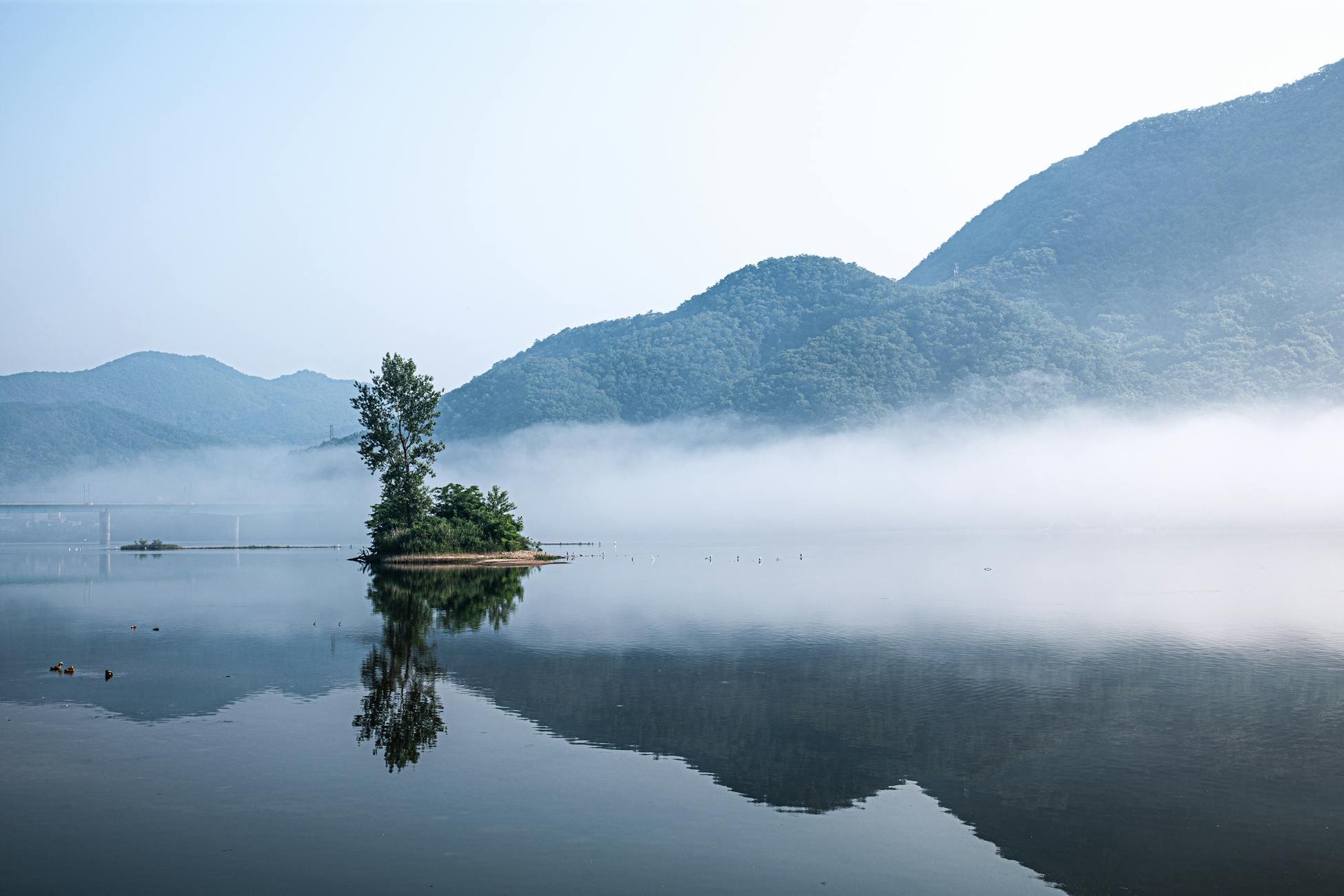 Serene island reflection in a misty lake with mountains, captured in Gapyeong, South Korea.
