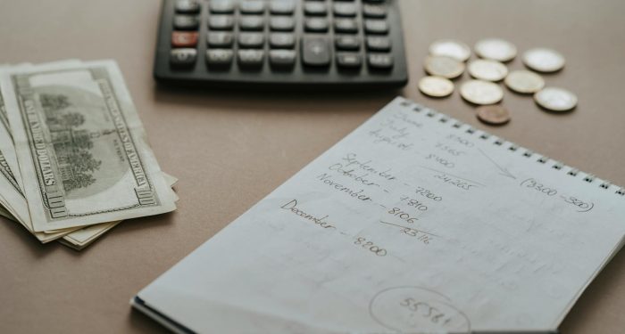 Desk setup showing calculator, cash, coins, and financial notes for budgeting.