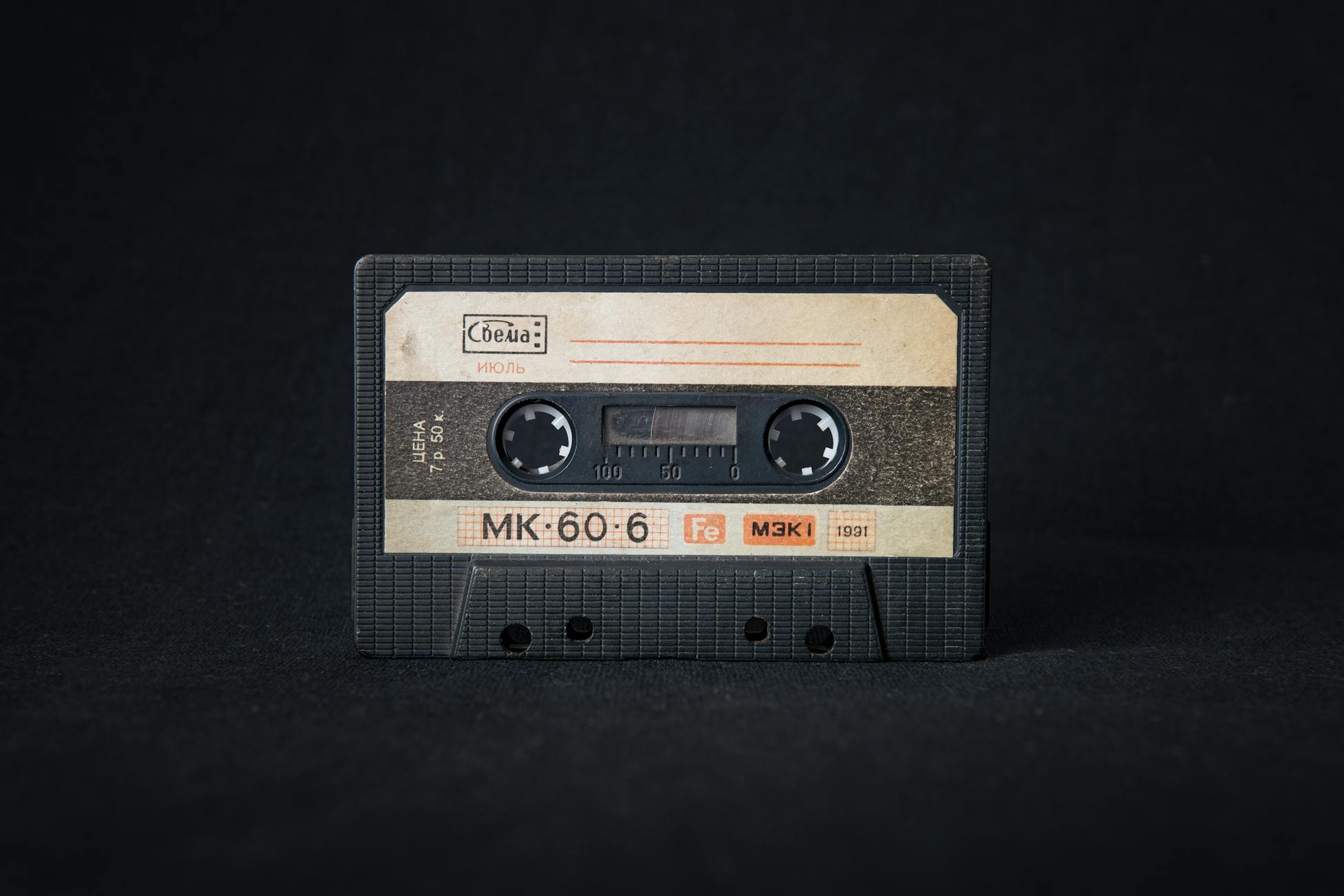 Close-up of a classic 1991 cassette tape symbolizing music nostalgia and retro style.