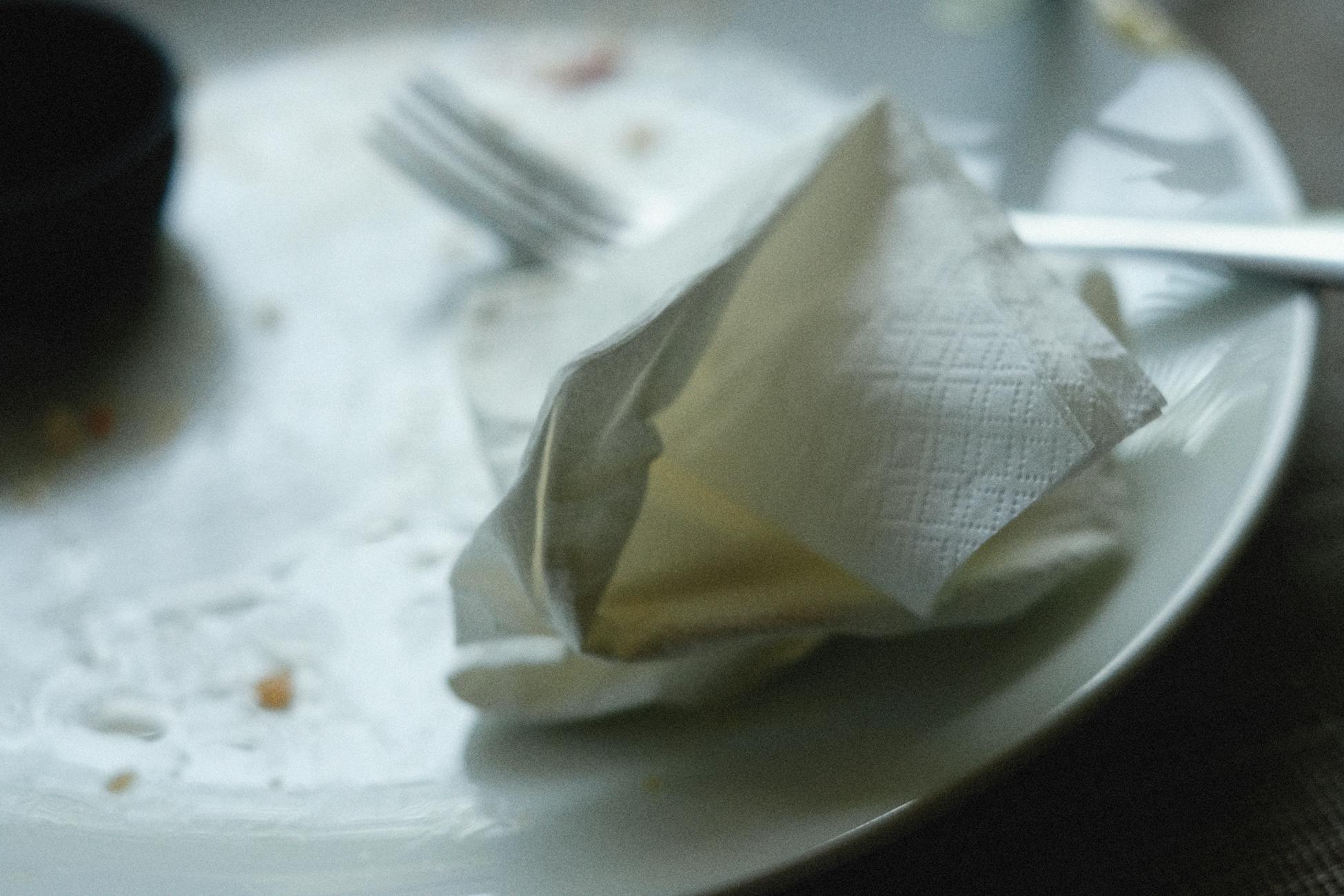 A close-up of an empty plate with a crumpled napkin and fork, creating a post-meal scene.
