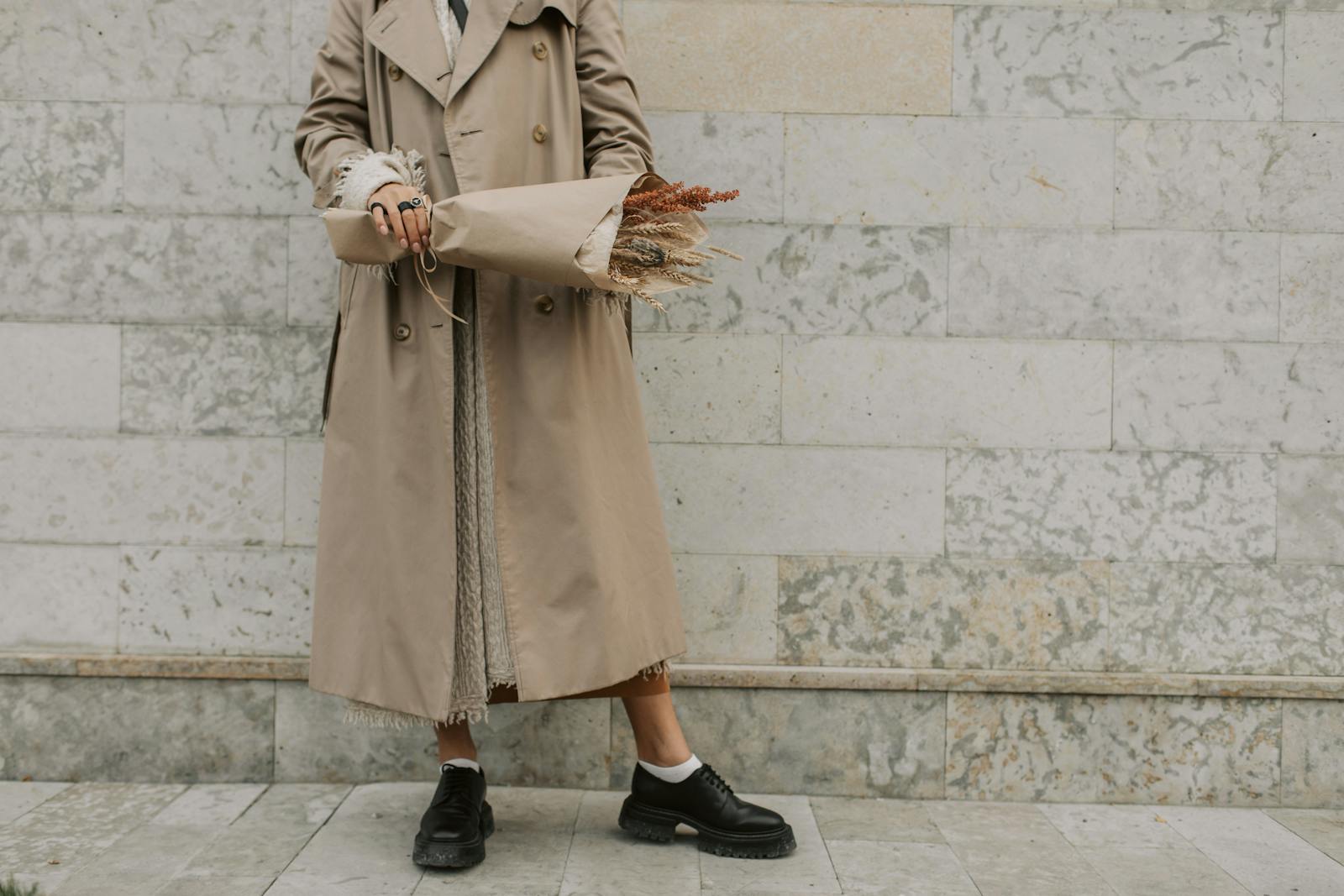 camel coat ivory blouse